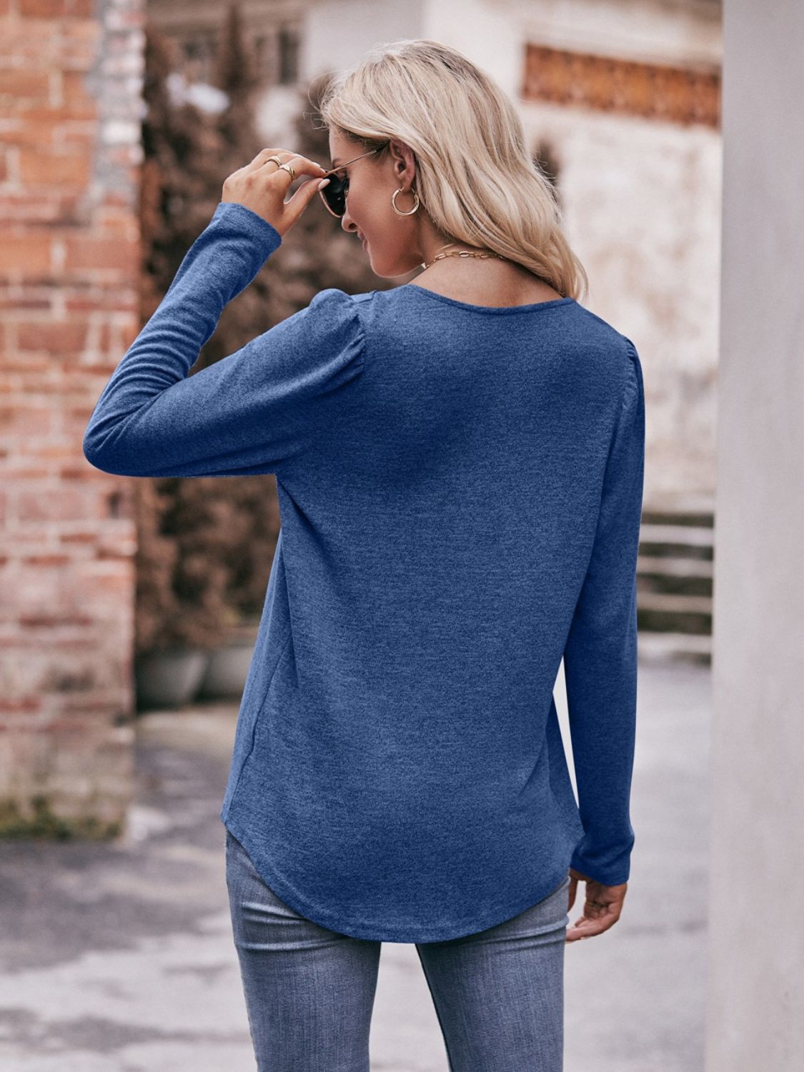 Mandy Pleated Detail Curved Hem Long Sleeve Top - Singing Wind Market