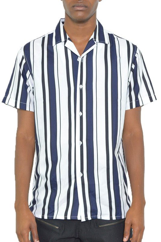 MENS SHORT SLEEVE STRIPED BUTTON DOWN SHIRT PRINT - Singing Wind Market