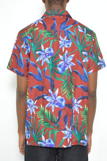 MENS TROPICAL RED BUTTON DOWN SHIRT PRINT - Singing Wind Market