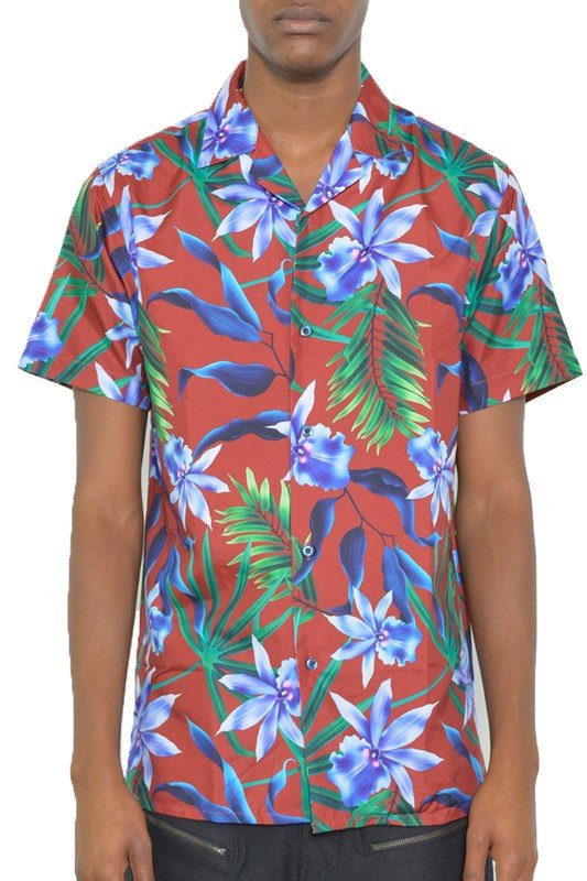 MENS TROPICAL RED BUTTON DOWN SHIRT PRINT - Singing Wind Market