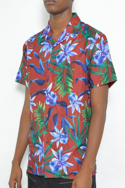 MENS TROPICAL RED BUTTON DOWN SHIRT PRINT - Singing Wind Market