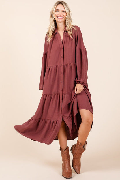 Mittoshop Tiered Button Down Long Sleeve Midi Dress - Singing Wind Market