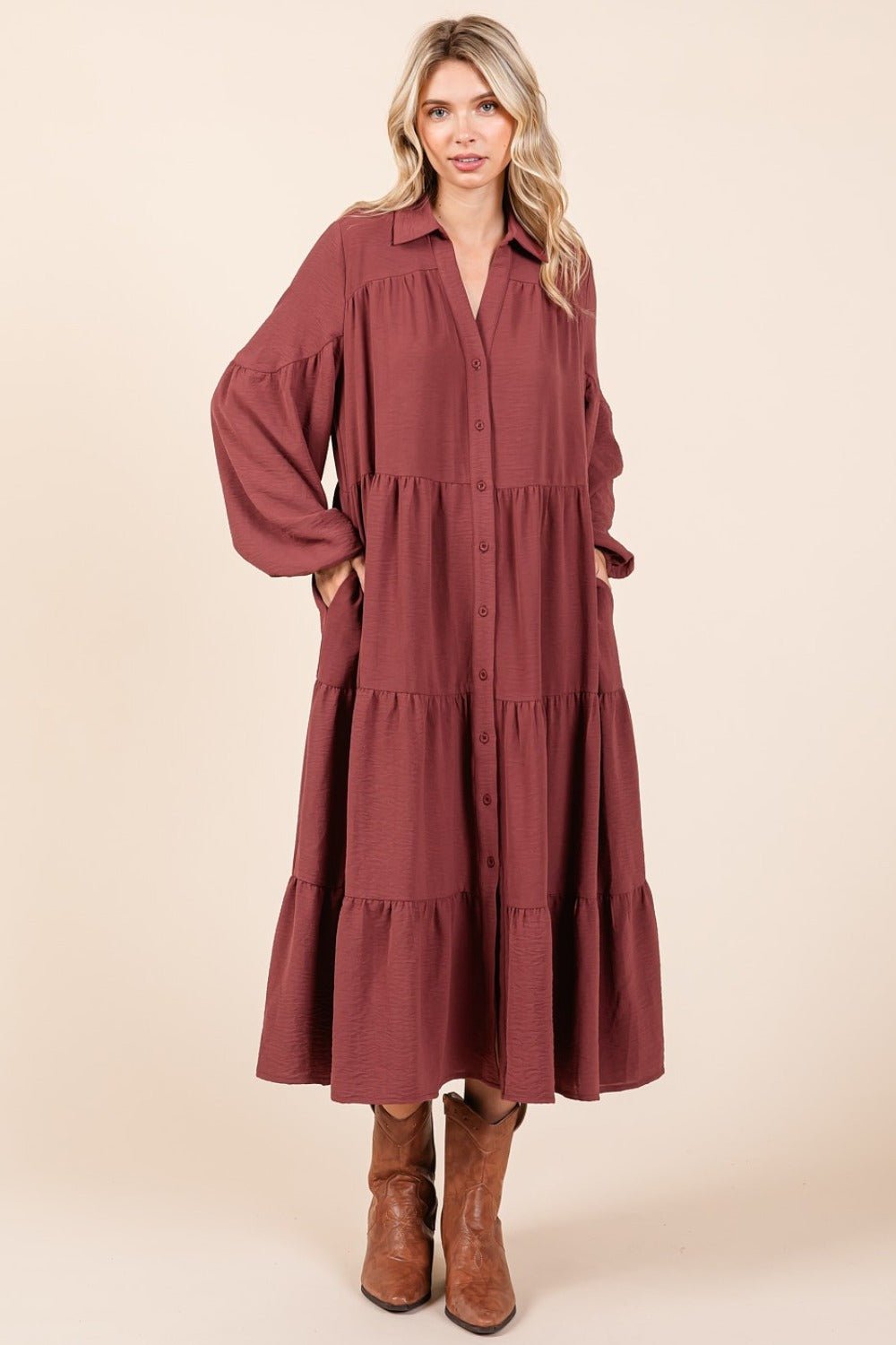 Mittoshop Tiered Button Down Long Sleeve Midi Dress - Singing Wind Market