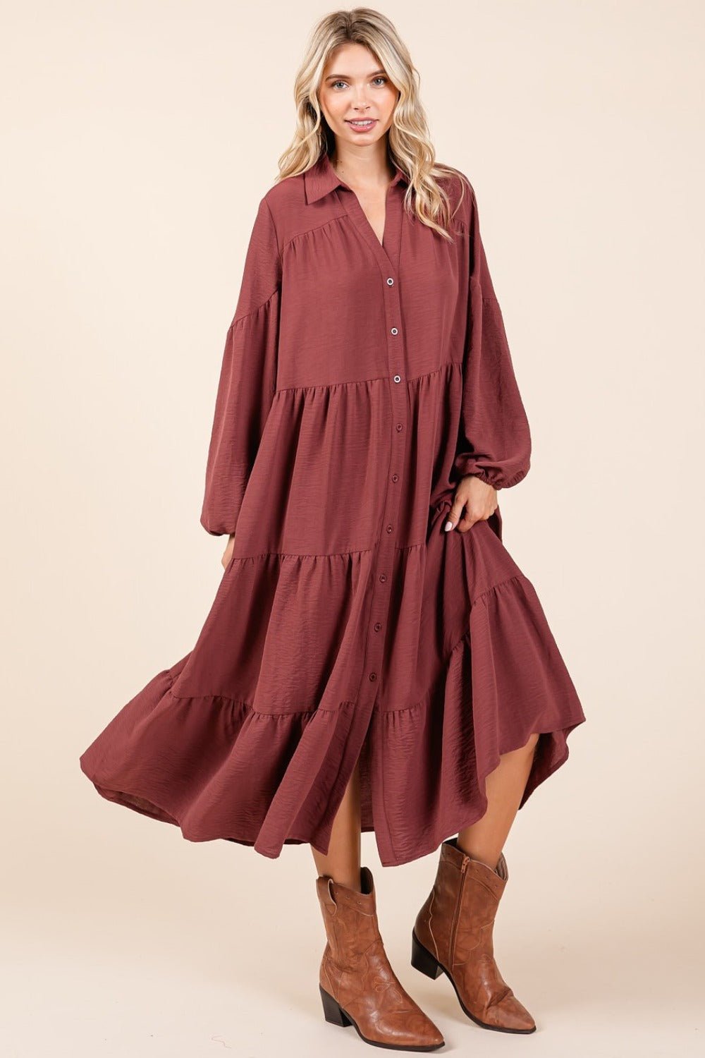 Mittoshop Tiered Button Down Long Sleeve Midi Dress - Singing Wind Market