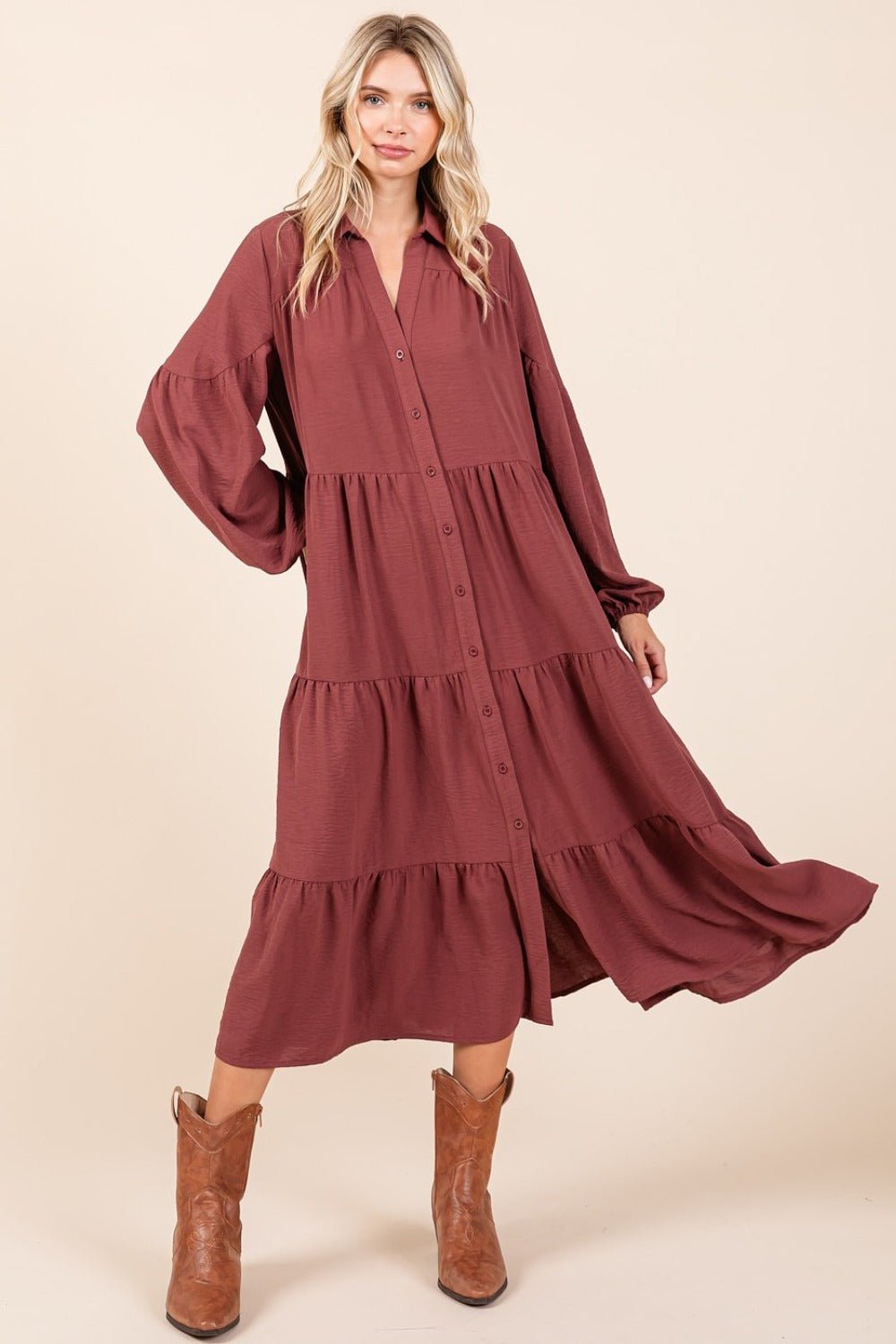 Mittoshop Tiered Button Down Long Sleeve Midi Dress - Singing Wind Market