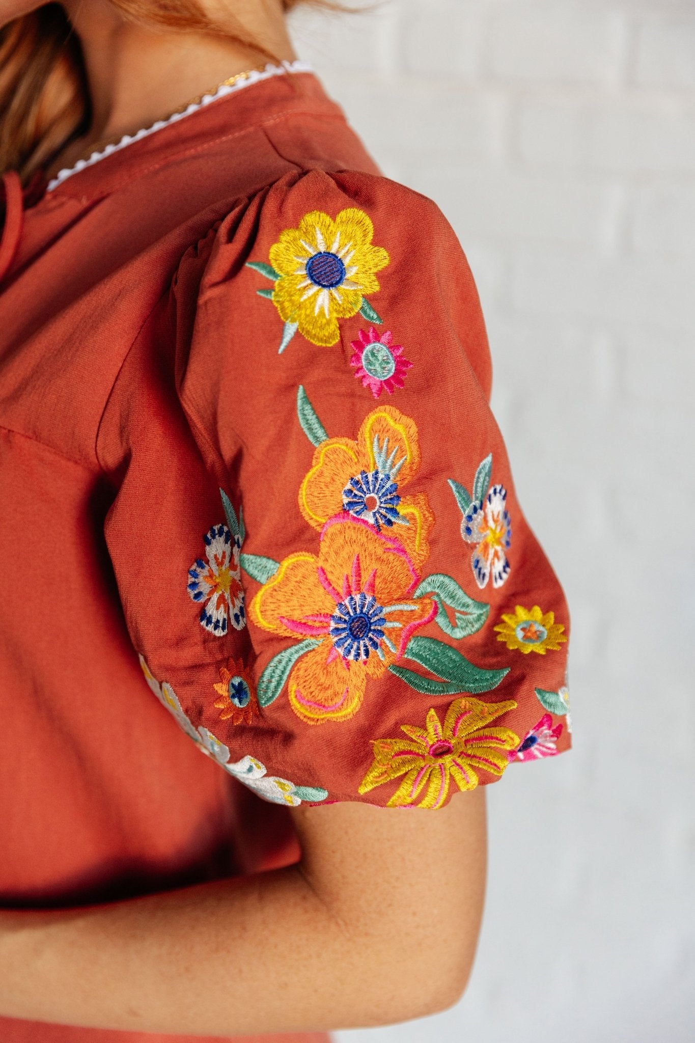 No Concerns Embroidered Sleeve Blouse - Singing Wind Market