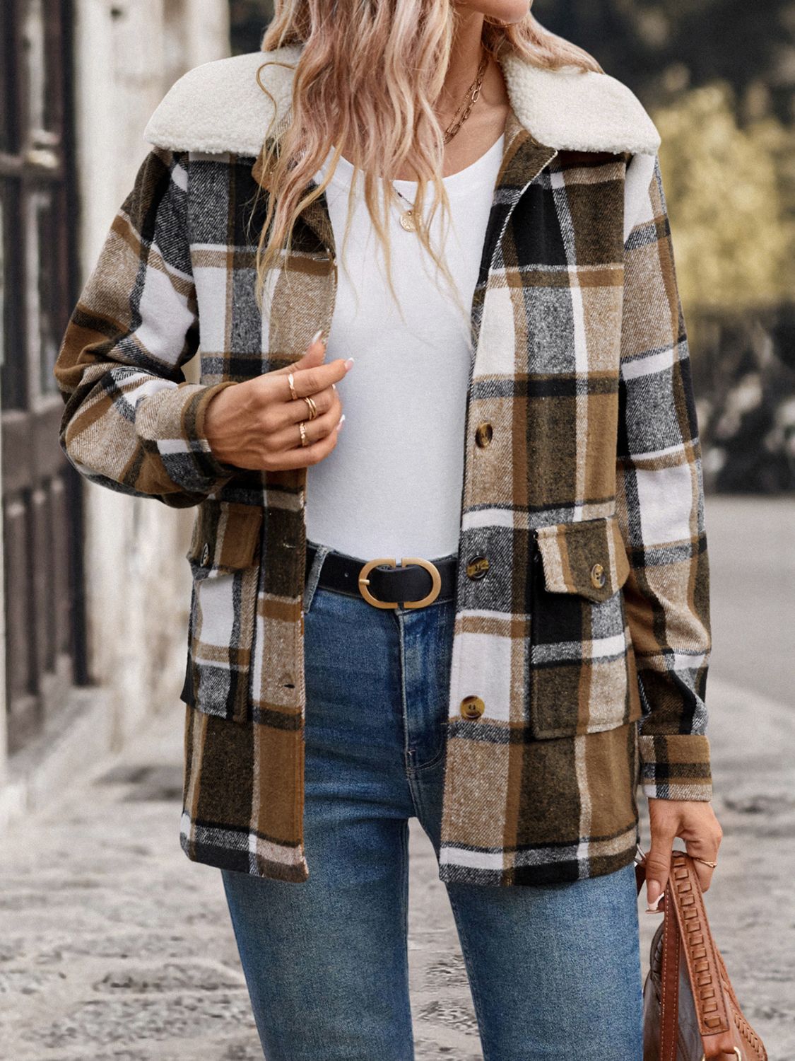 Perfee Pocketed Plaid Button Up Collared Neck Jacket - Singing Wind Market