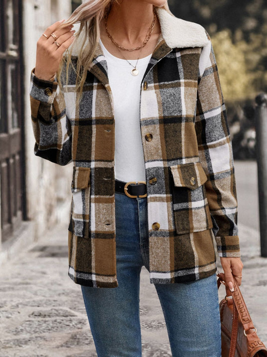 Perfee Pocketed Plaid Button Up Collared Neck Jacket - Singing Wind Market