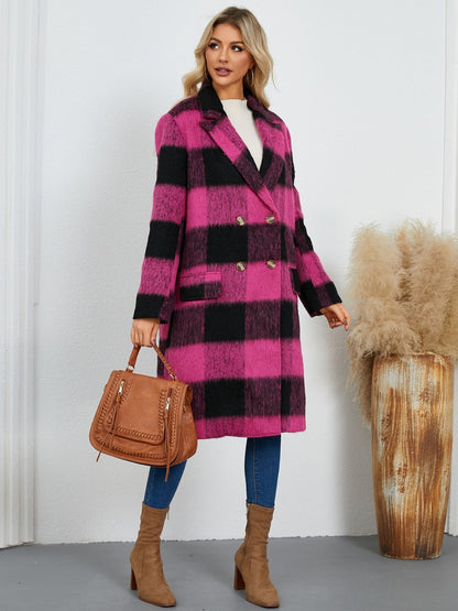 Plaid Double - Breasted Long Sleeve Coat - Singing Wind Market