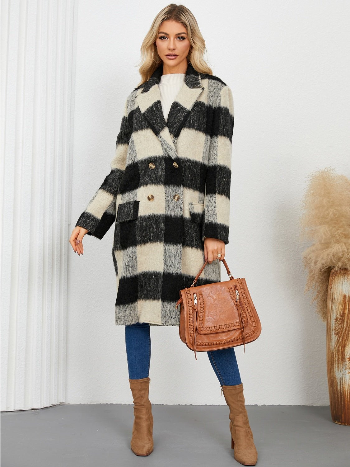 Plaid Double - Breasted Long Sleeve Coat - Singing Wind Market