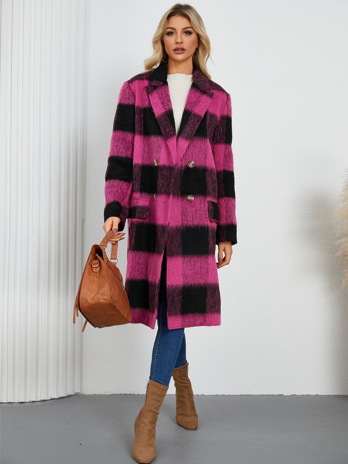 Plaid Double - Breasted Long Sleeve Coat - Singing Wind Market