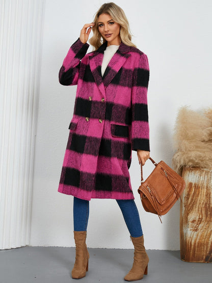 Plaid Double - Breasted Long Sleeve Coat - Singing Wind Market