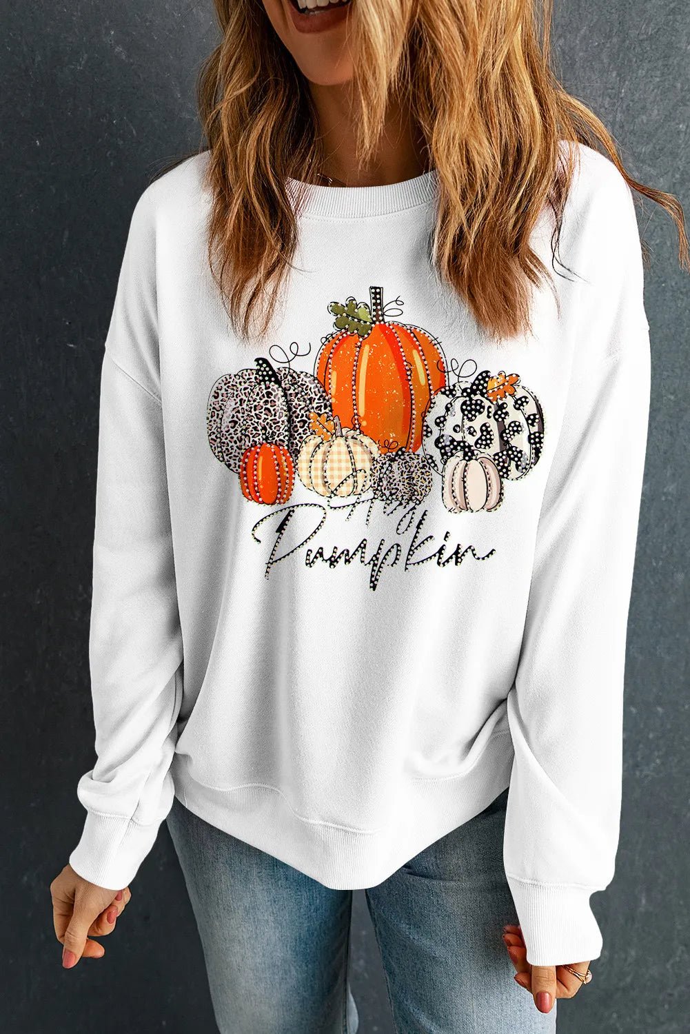 Pumpkin Graphic Round Neck Dropped Shoulder Sweatshirt - Singing Wind Market