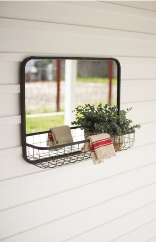 Rectangle Mirror With Wire Basket Shelf - Singing Wind Market