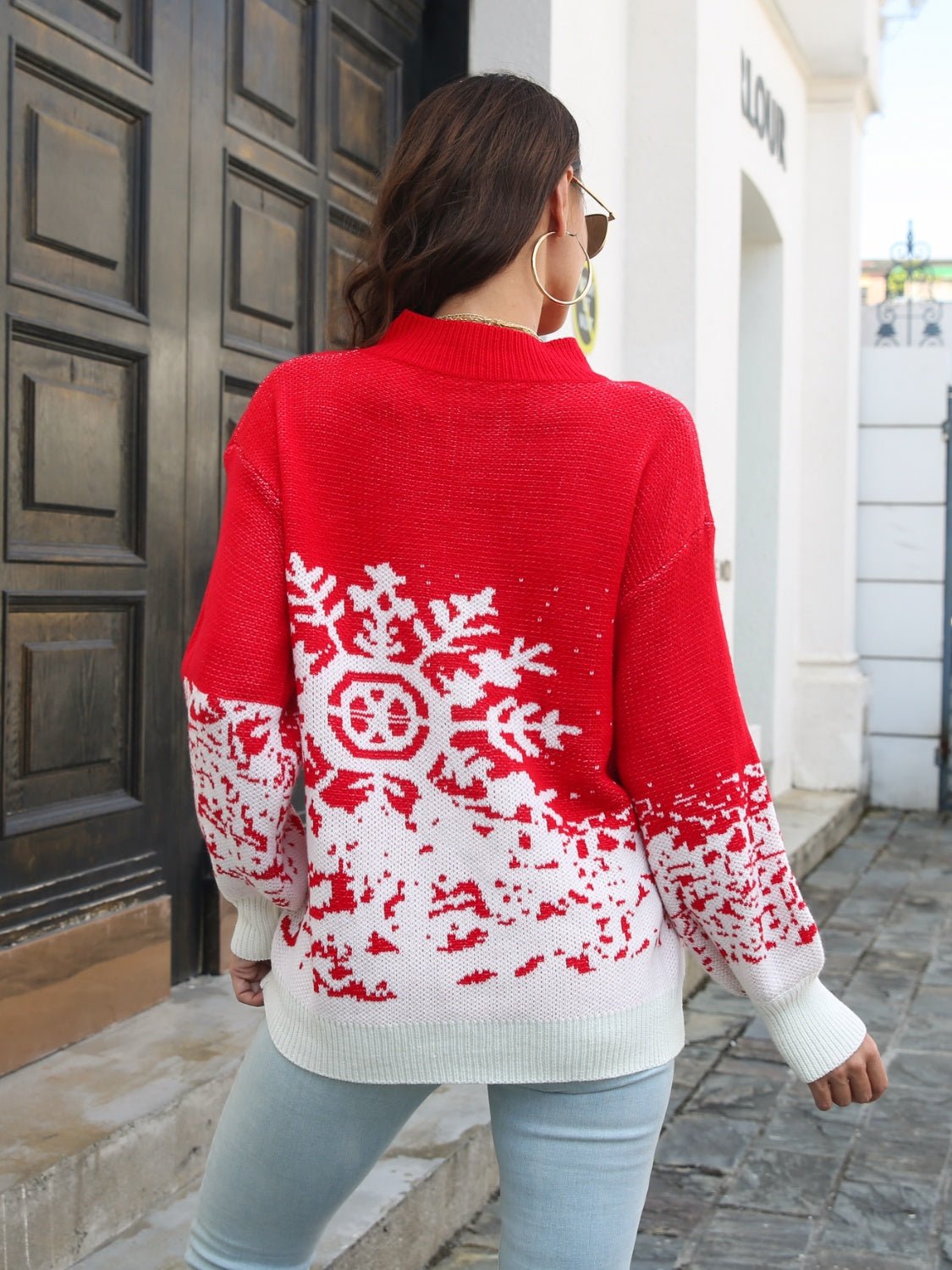 Snowflake Pattern Mock Neck Sweater - Singing Wind Market