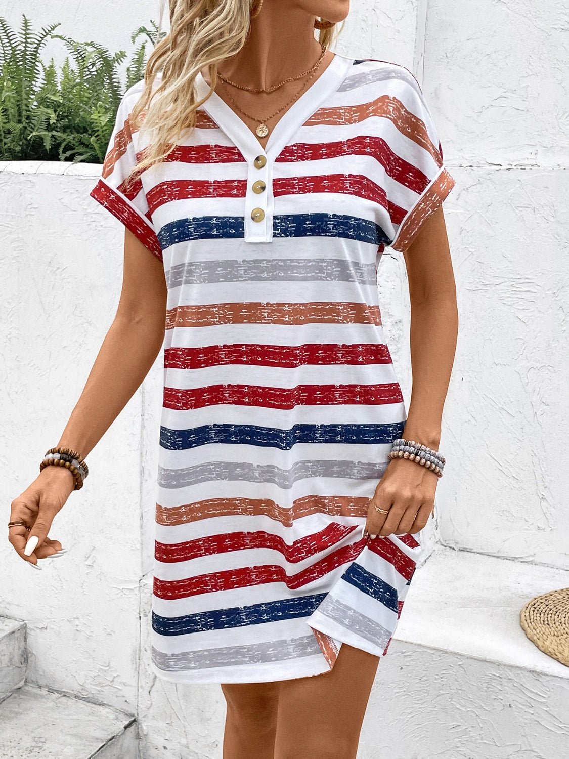 Striped V - Neck Short Sleeve Dress - Singing Wind Market