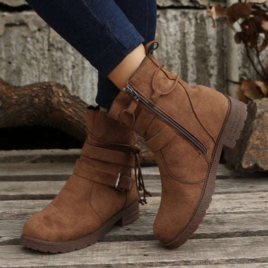 Suede Side Zip Round Toe Boots - Singing Wind Market