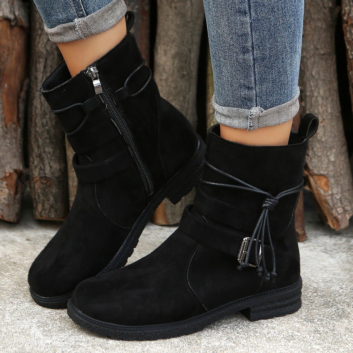 Suede Side Zip Round Toe Boots - Singing Wind Market