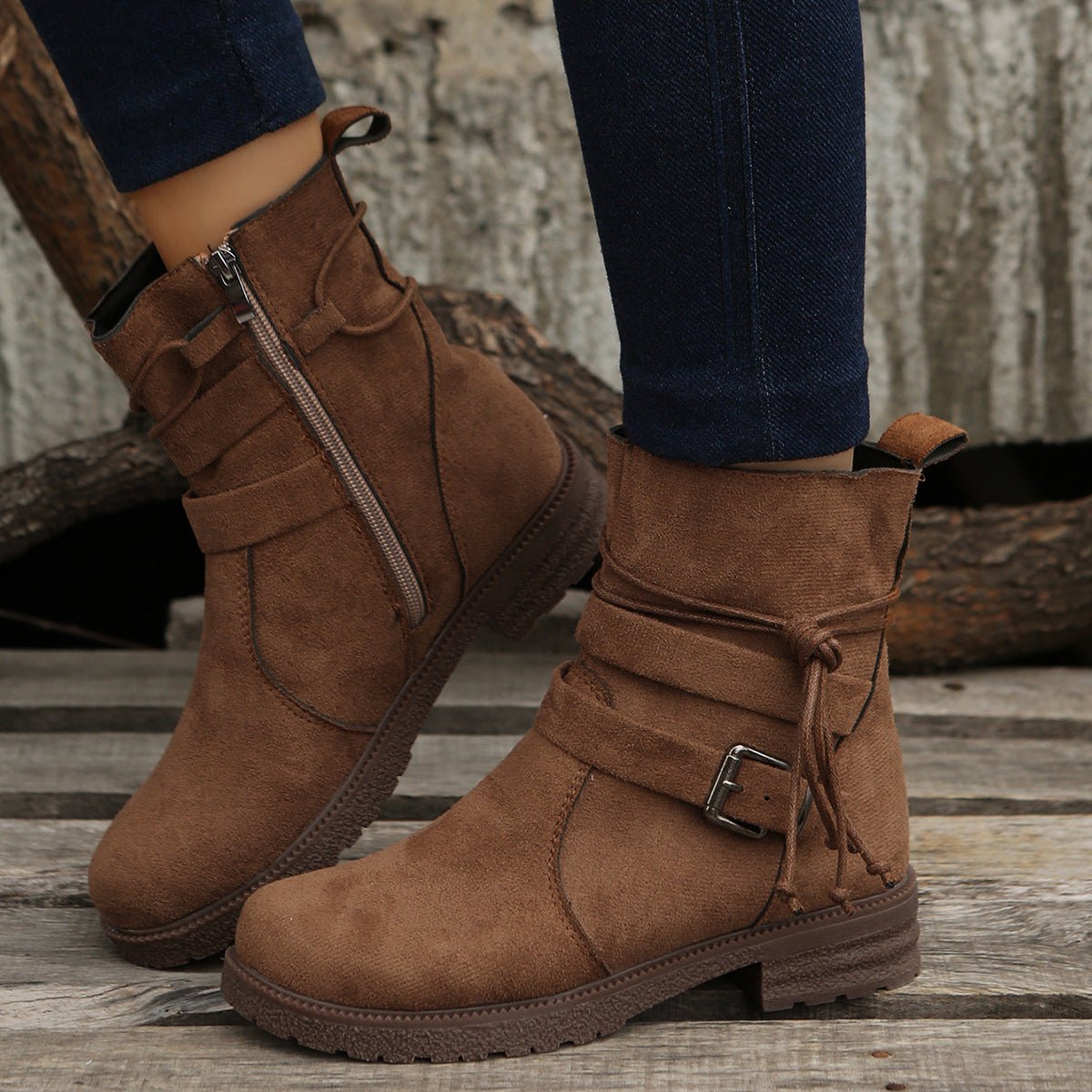 Suede Side Zip Round Toe Boots - Singing Wind Market