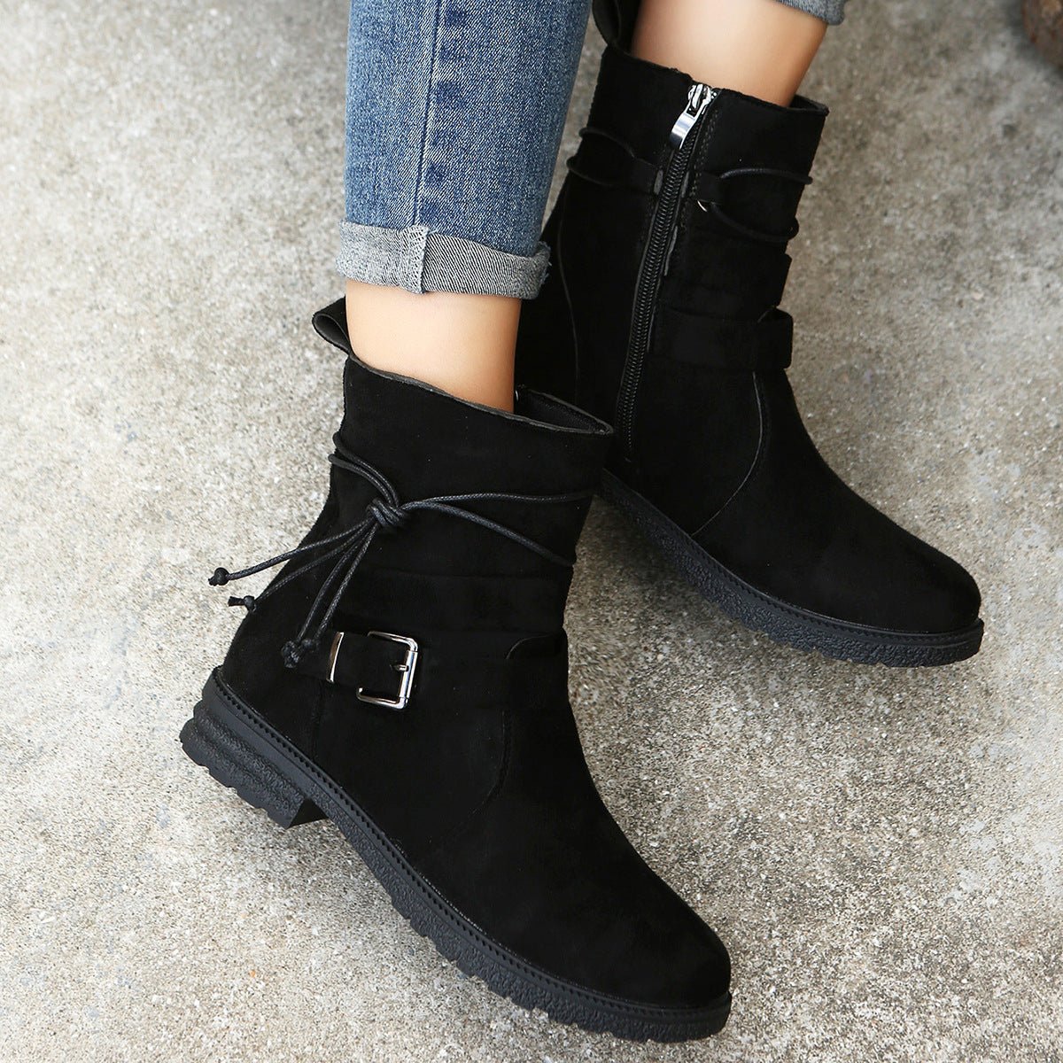 Suede Side Zip Round Toe Boots - Singing Wind Market