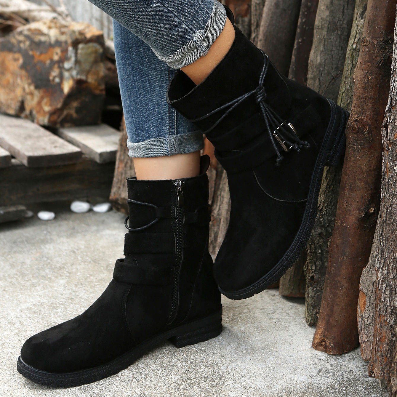 Suede Side Zip Round Toe Boots - Singing Wind Market