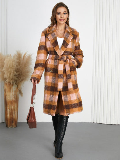 Tied Plaid Collared Neck Coat - Singing Wind Market