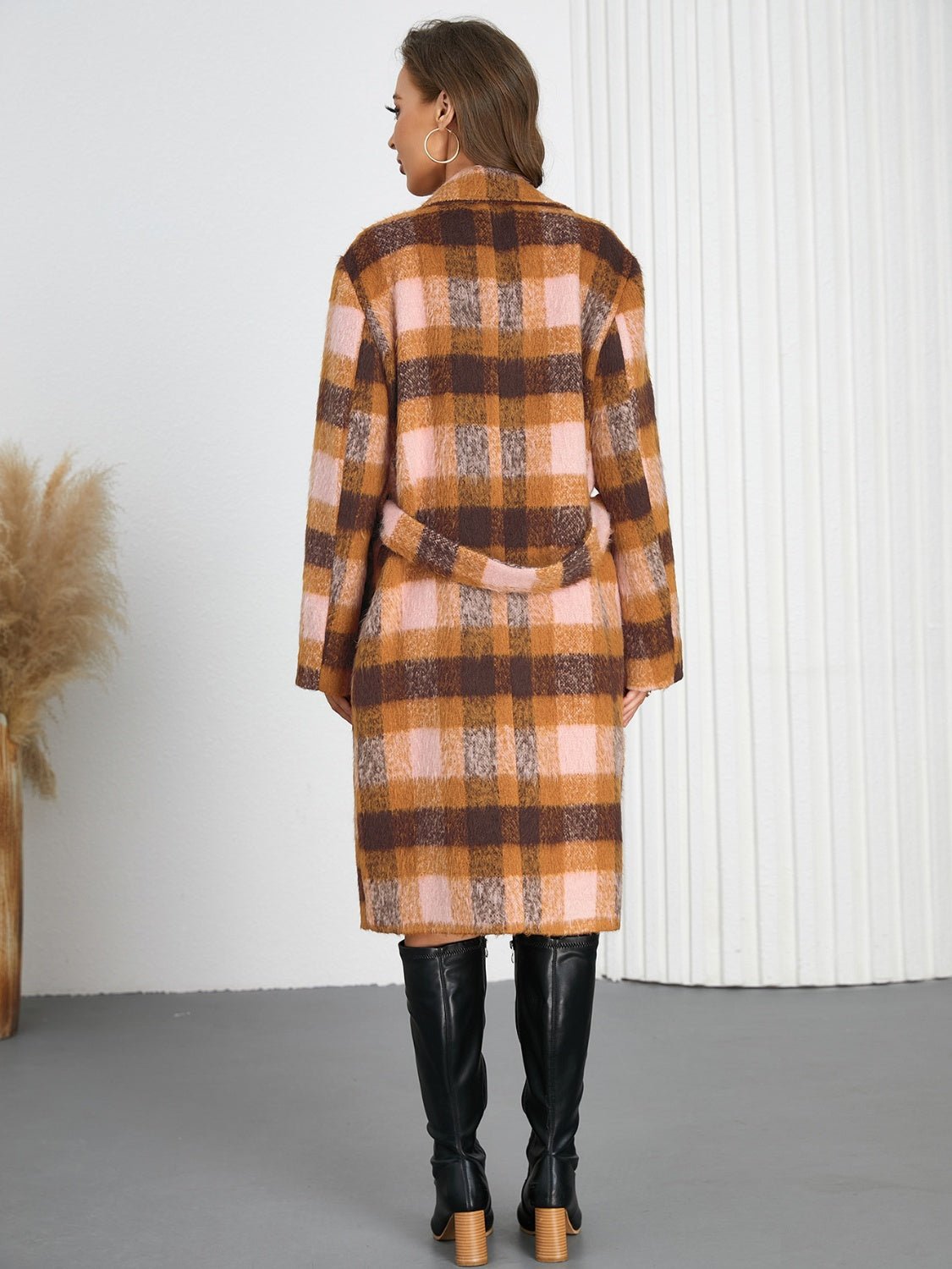 Tied Plaid Collared Neck Coat - Singing Wind Market