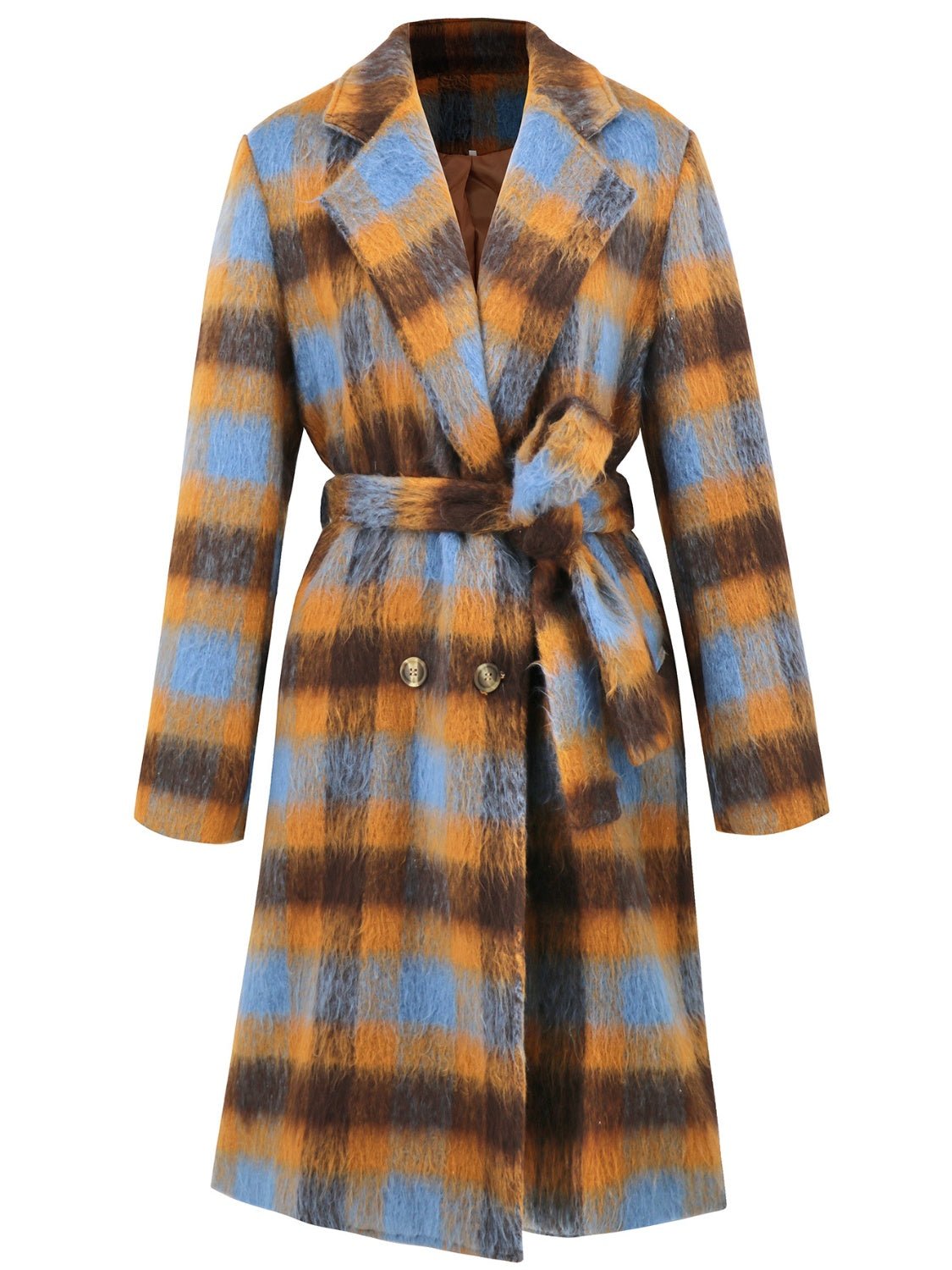 Tied Plaid Collared Neck Coat - Singing Wind Market