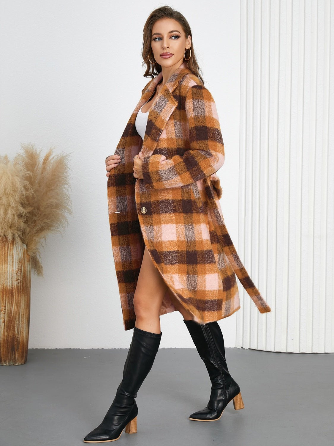 Tied Plaid Collared Neck Coat - Singing Wind Market