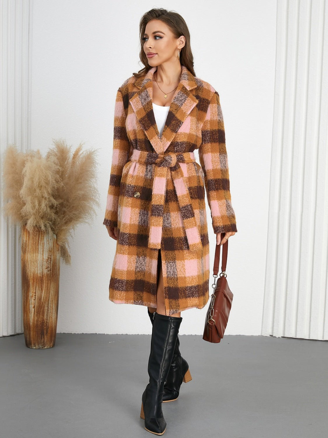 Tied Plaid Collared Neck Coat - Singing Wind Market