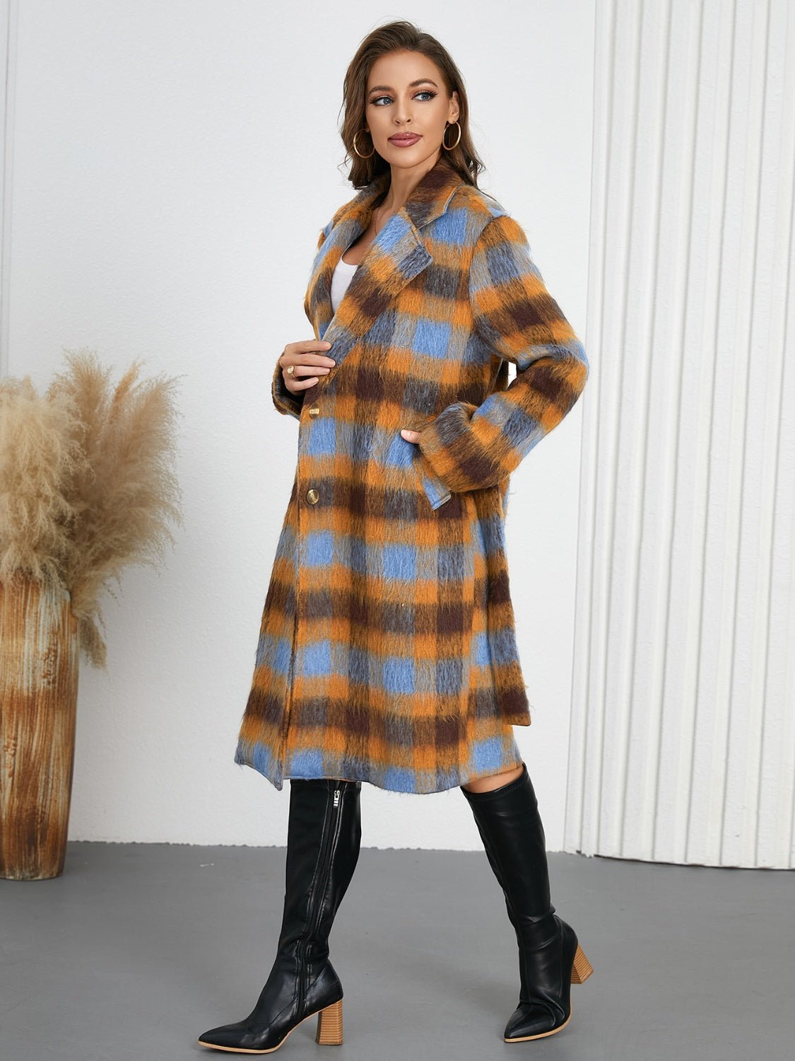 Tied Plaid Collared Neck Coat - Singing Wind Market