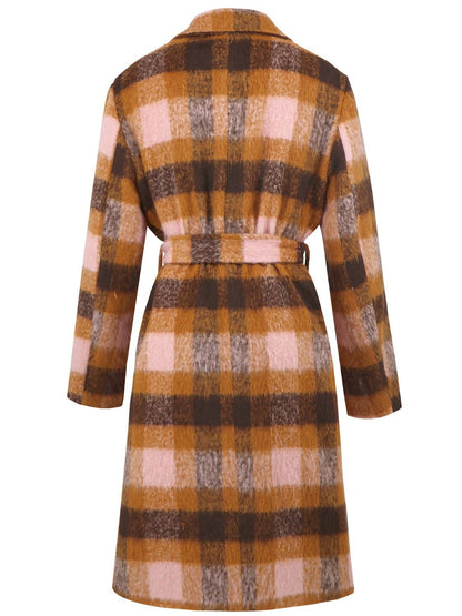 Tied Plaid Collared Neck Coat - Singing Wind Market