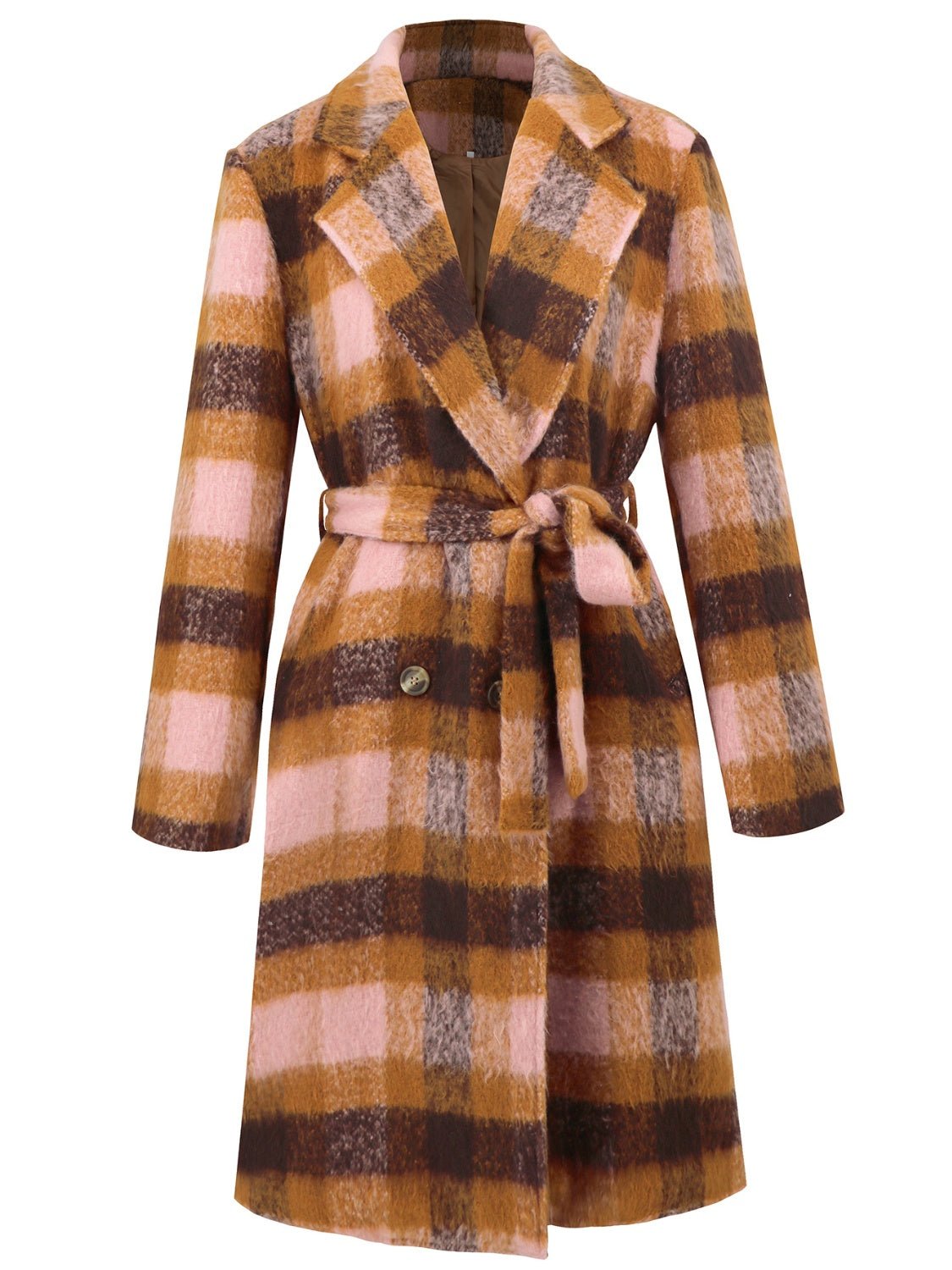 Tied Plaid Collared Neck Coat - Singing Wind Market