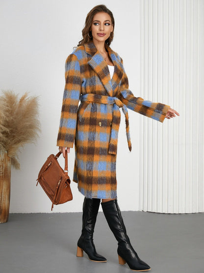 Tied Plaid Collared Neck Coat - Singing Wind Market