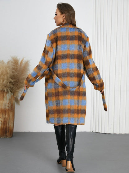 Tied Plaid Collared Neck Coat - Singing Wind Market