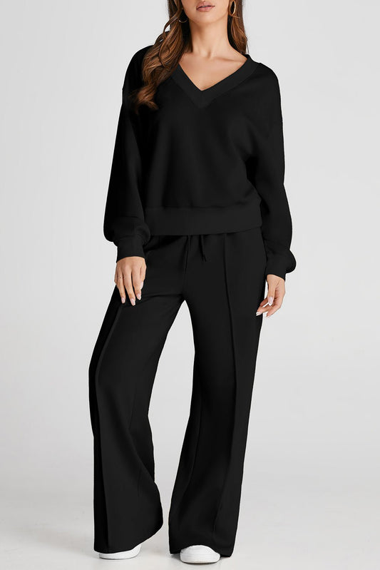 V - Neck Long Sleeve Top and Pants Active Set - Singing Wind Market