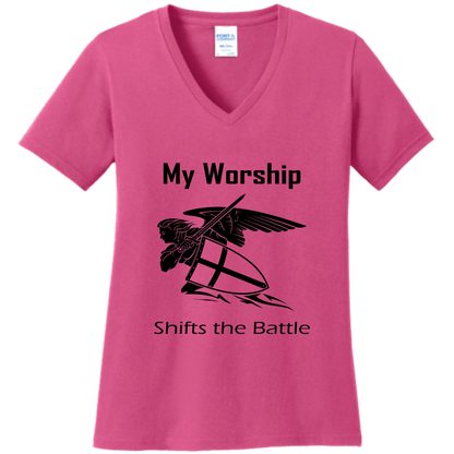 Women's V Neck - My Worship Shifts The Battle - Singing Wind Market