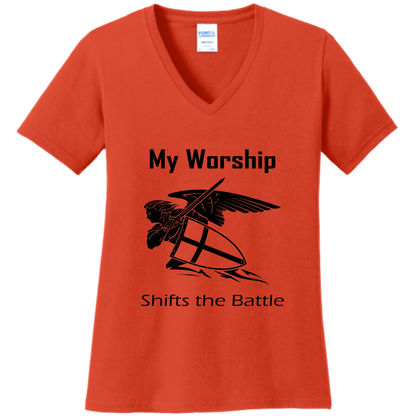 Women's V Neck - My Worship Shifts The Battle - Singing Wind Market