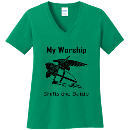 Women's V Neck - My Worship Shifts The Battle - Singing Wind Market