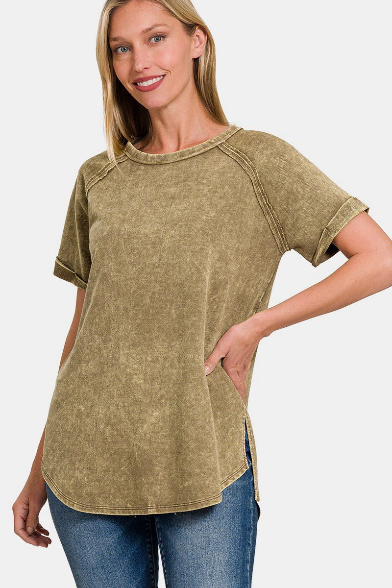 Zenana Heathered Round Neck Short Sleeve Top - Singing Wind Market