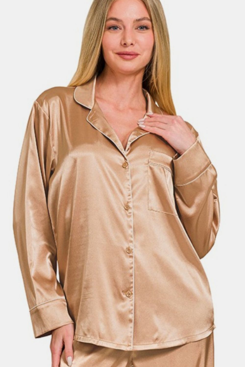 Zenana Satin Long Sleeve Shirt and Pants Pajama Set - Singing Wind Market