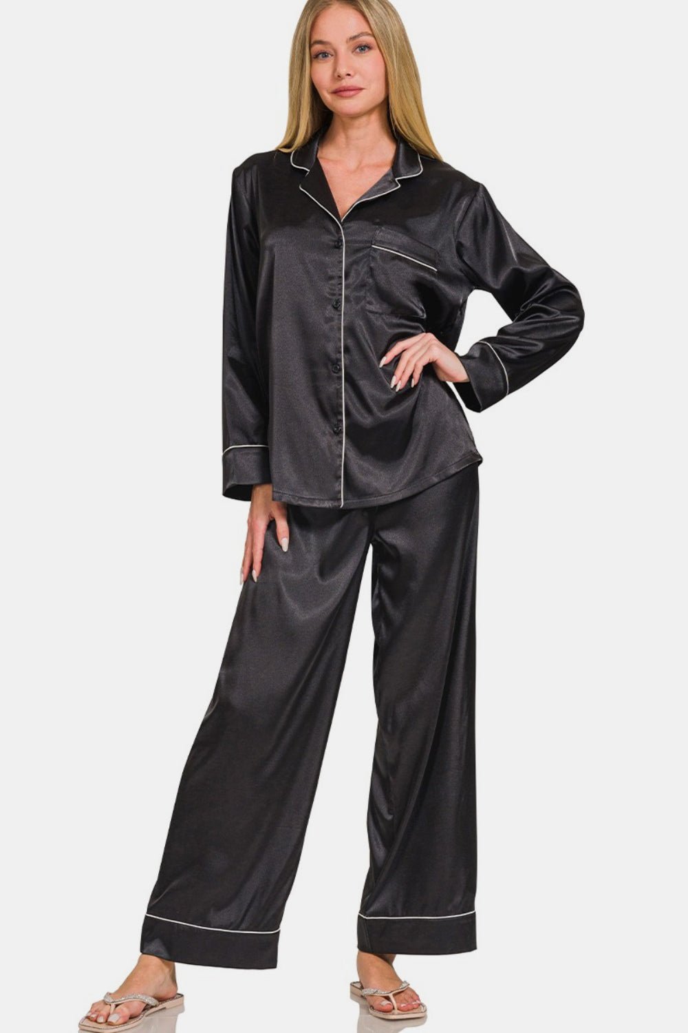 Zenana Satin Long Sleeve Shirt and Pants Pajama Set - Singing Wind Market