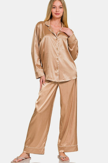 Zenana Satin Long Sleeve Shirt and Pants Pajama Set - Singing Wind Market