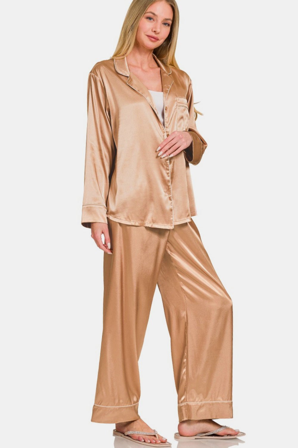 Zenana Satin Long Sleeve Shirt and Pants Pajama Set - Singing Wind Market