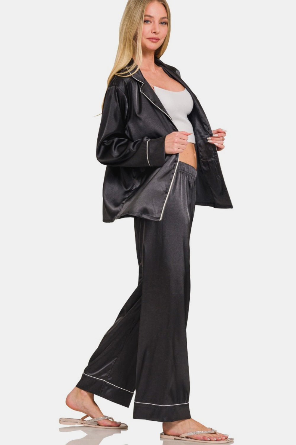 Zenana Satin Long Sleeve Shirt and Pants Pajama Set - Singing Wind Market