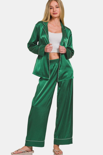 Zenana Satin Long Sleeve Shirt and Pants Pajama Set - Singing Wind Market