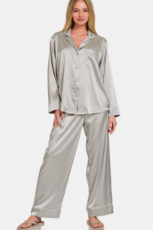 Zenana Satin Long Sleeve Shirt and Pants Pajama Set - Singing Wind Market