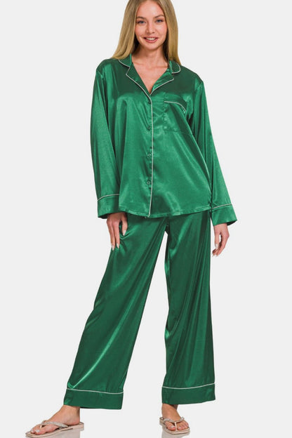 Zenana Satin Long Sleeve Shirt and Pants Pajama Set - Singing Wind Market