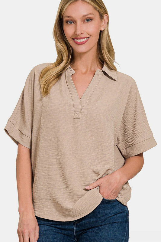 Zenana Texture Collared Neck Short Sleeve Top - Singing Wind Market